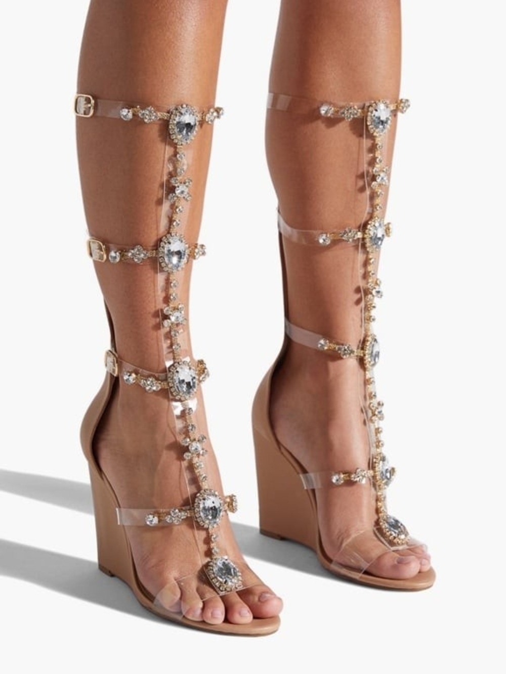 Shoe Dazzle Nude Embellished Clear Gladiator Wedge Sandals